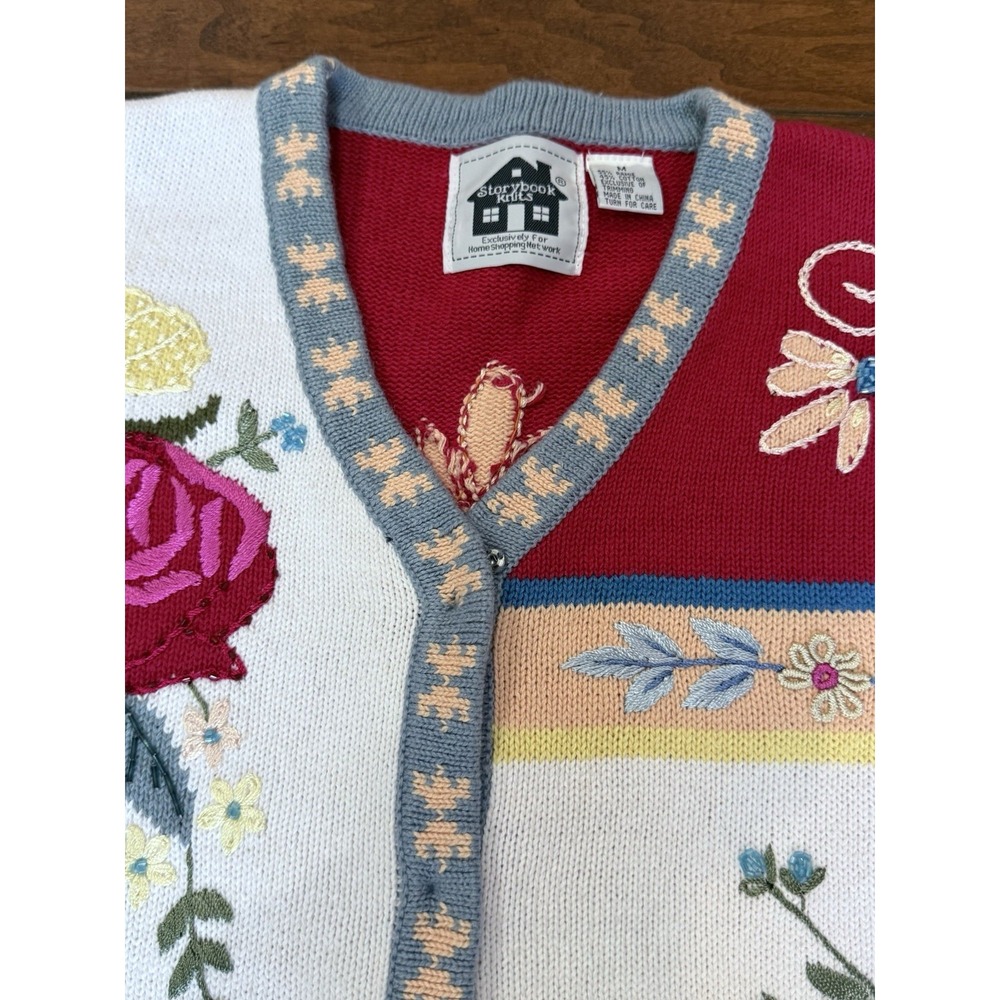 Storybook Knits Patchwork Colorful Sweater Cardigan Sz M Embroidered Floral - Picture 2 of 8
